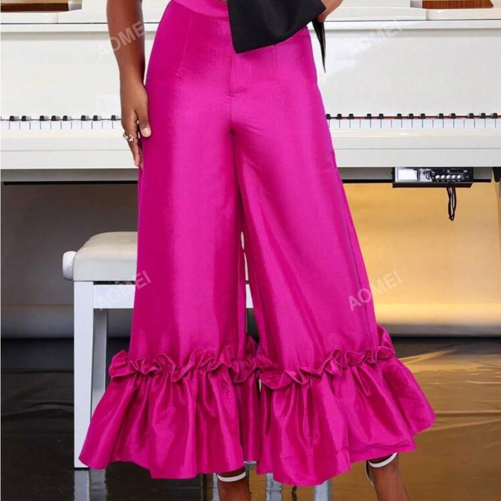 Pink Wide Leg Ruffle Hem Pants